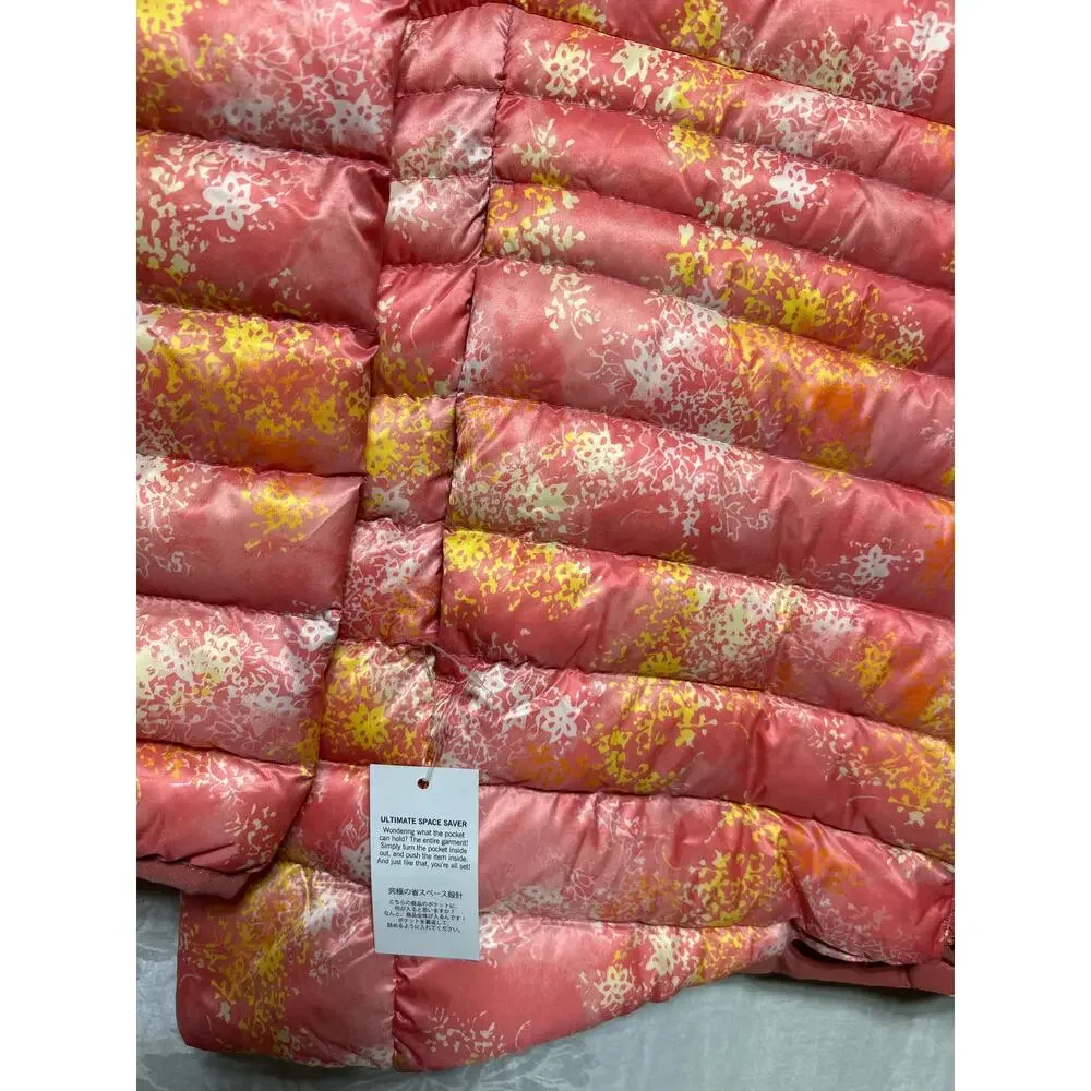 Lands End Puffer Coat Large 14 16 Down Filled Packable NEW Pink Yellow Abstract - Picture 2 of 12
